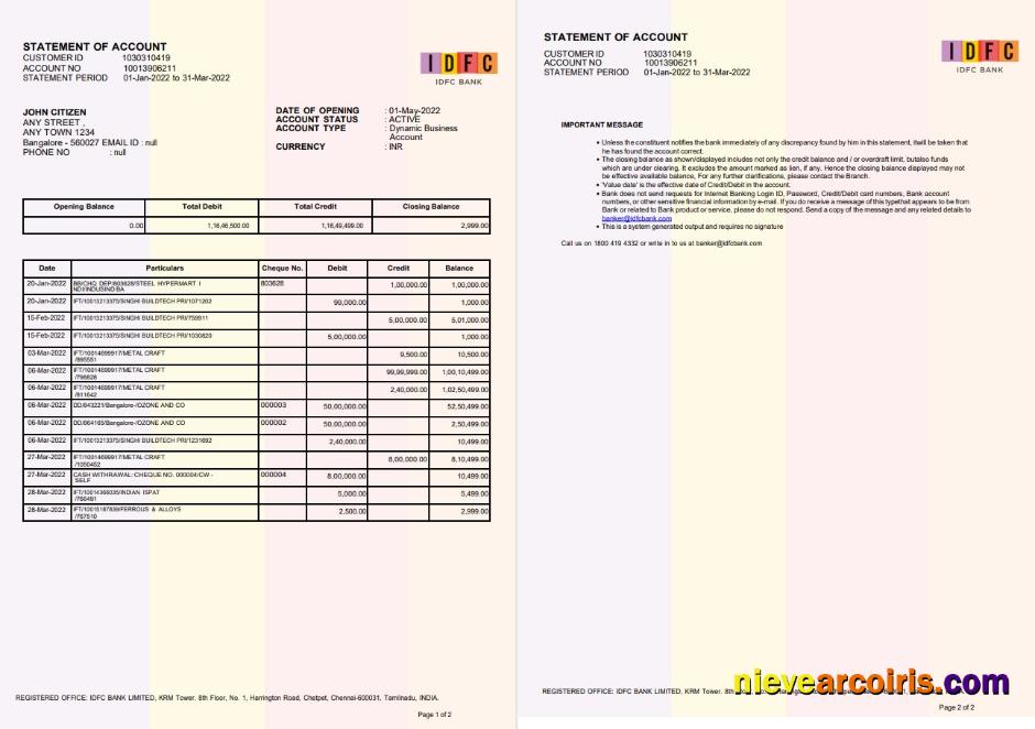 India IDFC bank statement 2 pages, new version